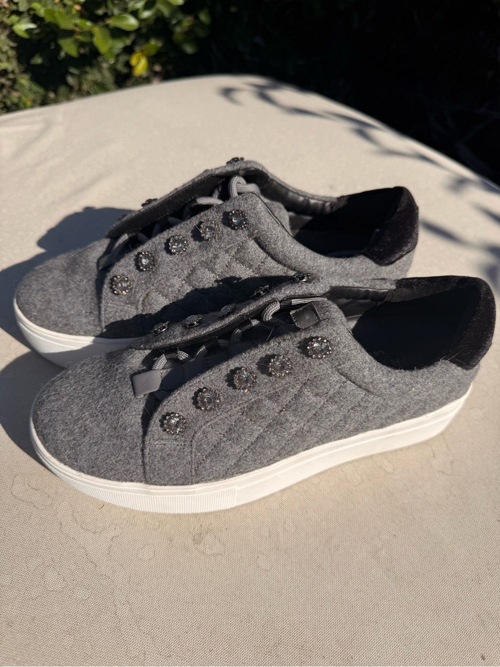 Kurt Geiger Gray Quilted Slip-On Sneakers with Crystal Buttons